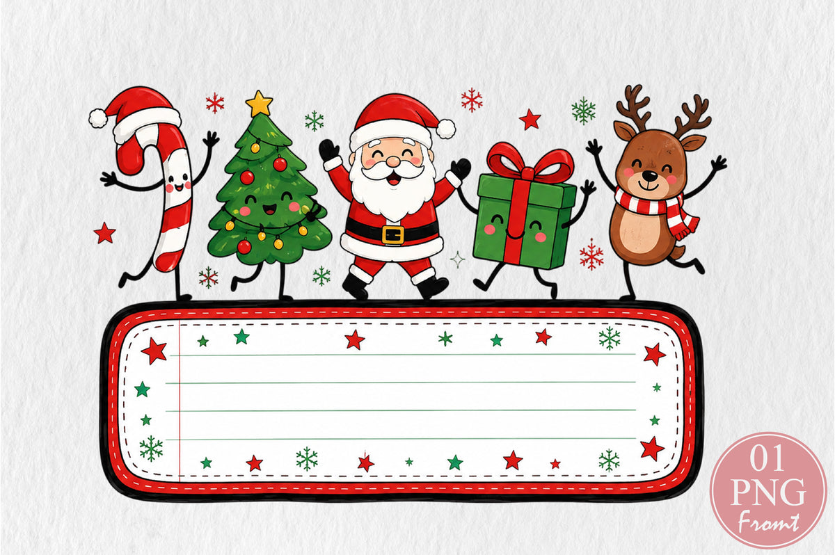 Cute Christmas Custom Name Sign PNG Candy Cane Tree Santa Gift Reindeer Sublimation