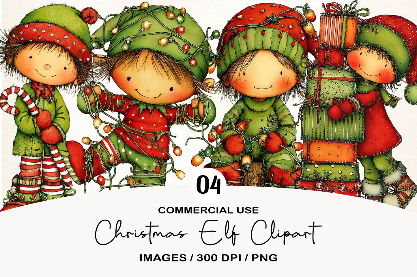 Christmas Elf Clipart PNG Bundle | Cute Watercolor Holiday Elf Clipart | Festive Christmas Elf PNG