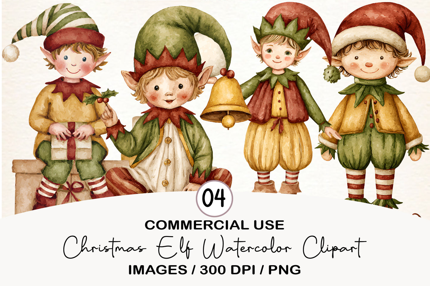Christmas Elf Watercolor Clipart PNG Bundle | Cute Holiday Elf Clipart