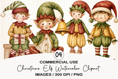 Christmas Elf Watercolor Clipart PNG Bundle | Cute Holiday Elf Clipart
