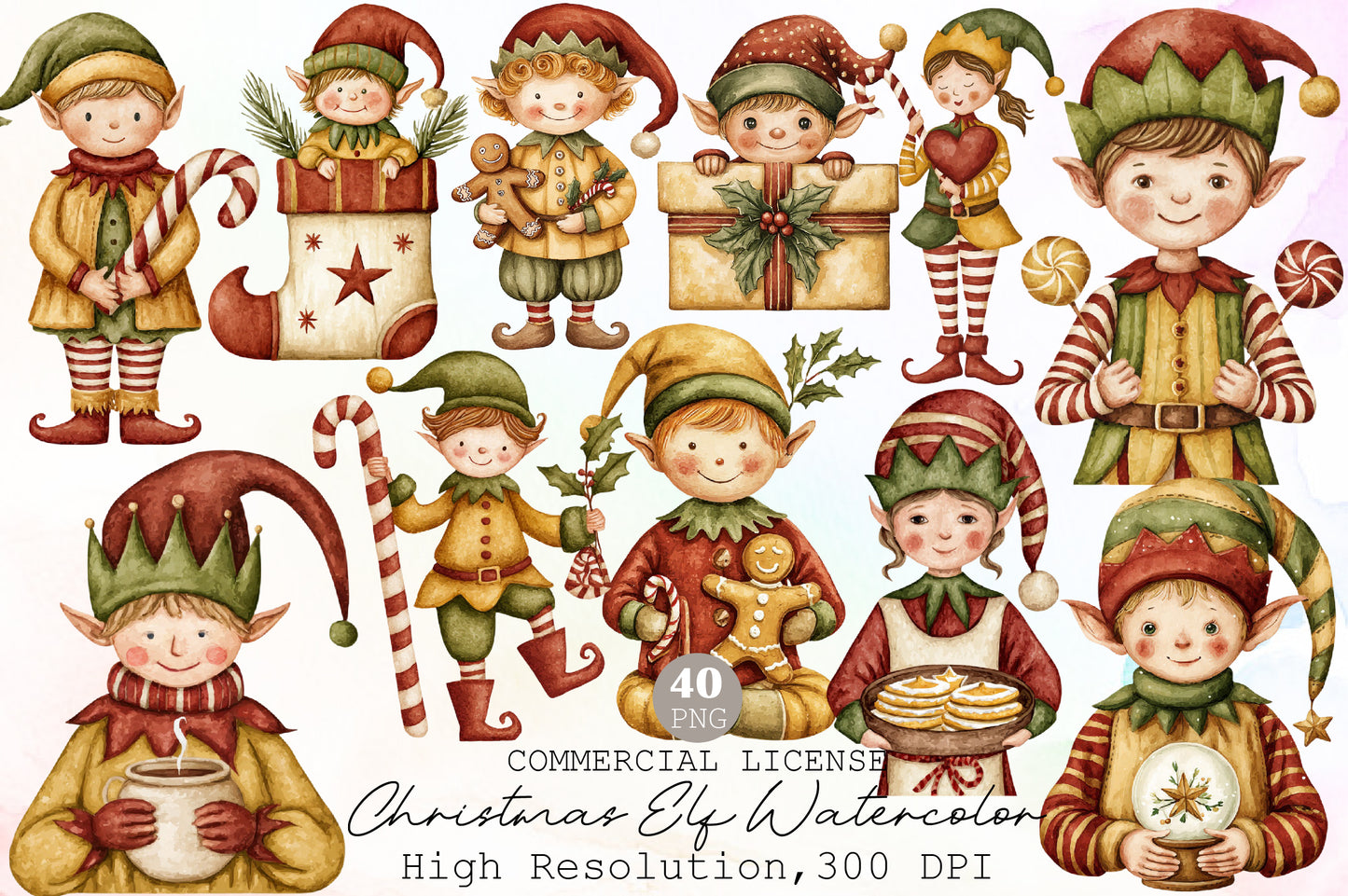 Christmas Elf Watercolor Clipart PNG Bundle