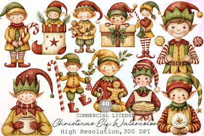 Christmas Elf Watercolor Clipart PNG Bundle
