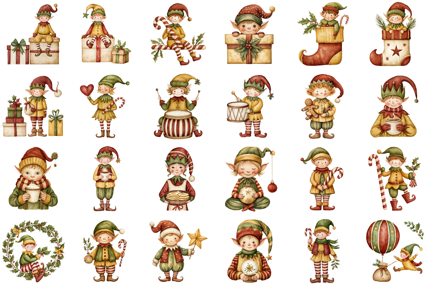 Christmas Elf Watercolor Clipart PNG Bundle
