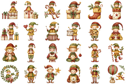 Christmas Elf Watercolor Clipart PNG Bundle