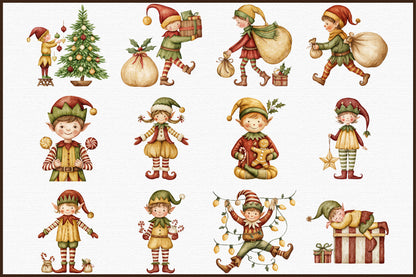 Christmas Elf Watercolor Clipart PNG Bundle