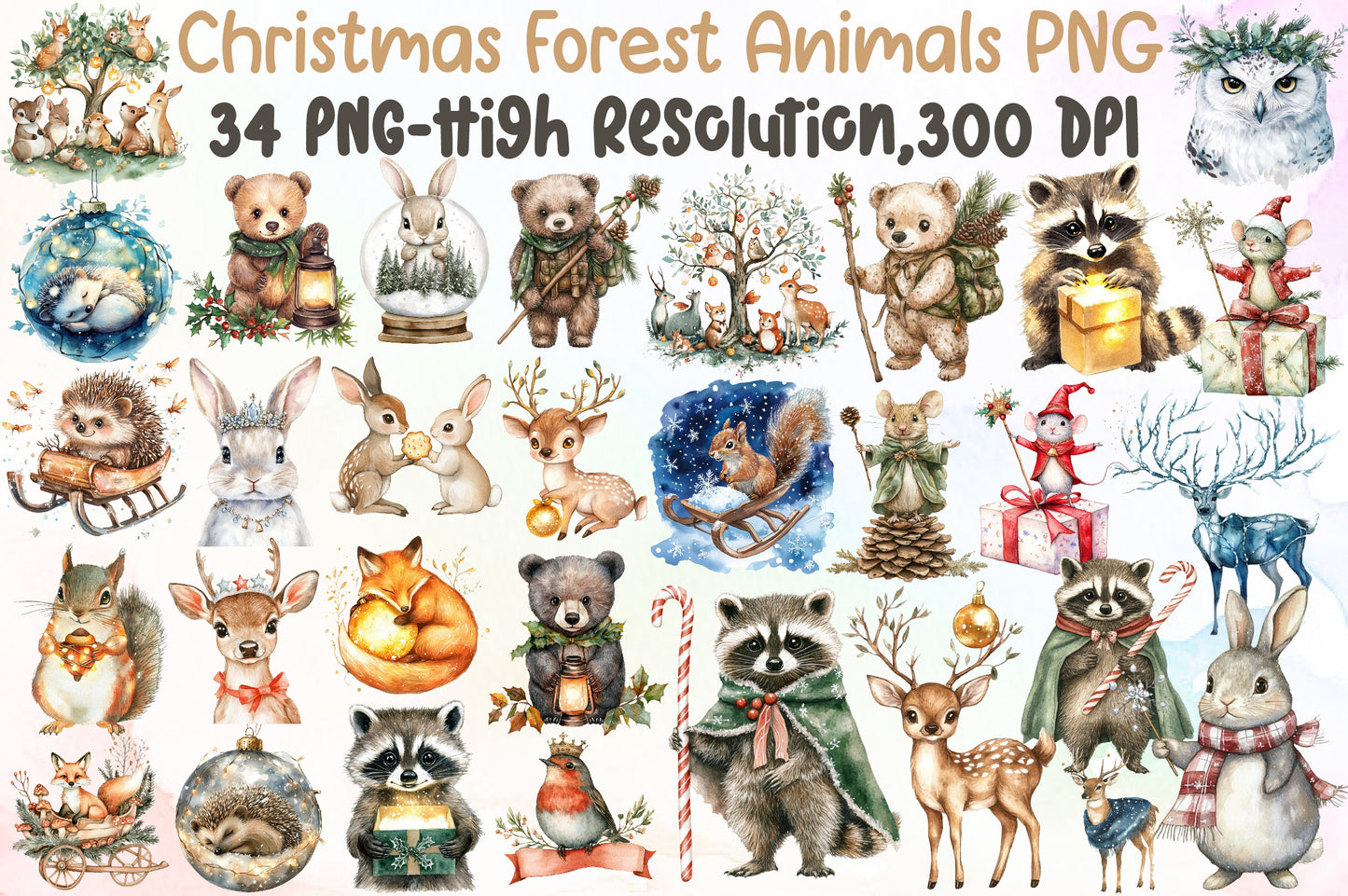 Christmas Enchanted Forest Animals PNG Clipart Bundle