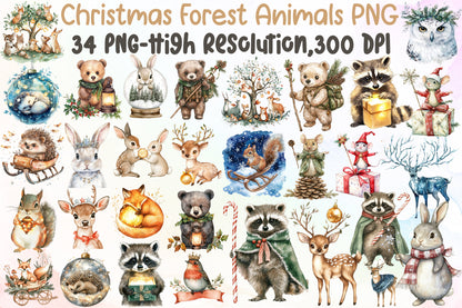 Christmas Enchanted Forest Animals PNG Clipart Bundle