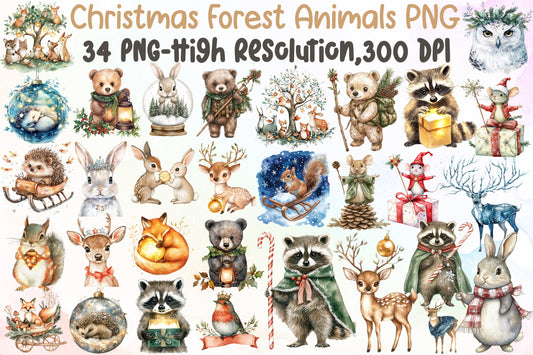Christmas Enchanted Forest Animals PNG Clipart Bundle