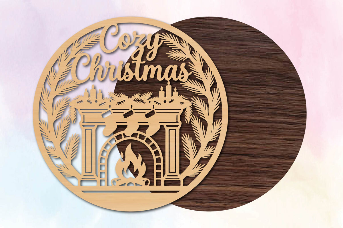 Cozy Christmas Fireplace Wreath SVG