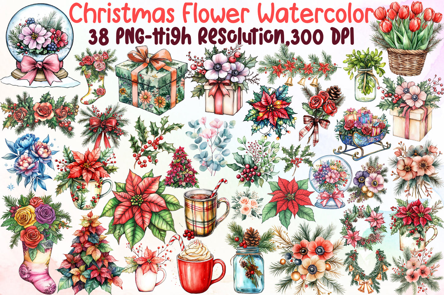 Christmas Flower Watercolor Clipart PNG Bundle