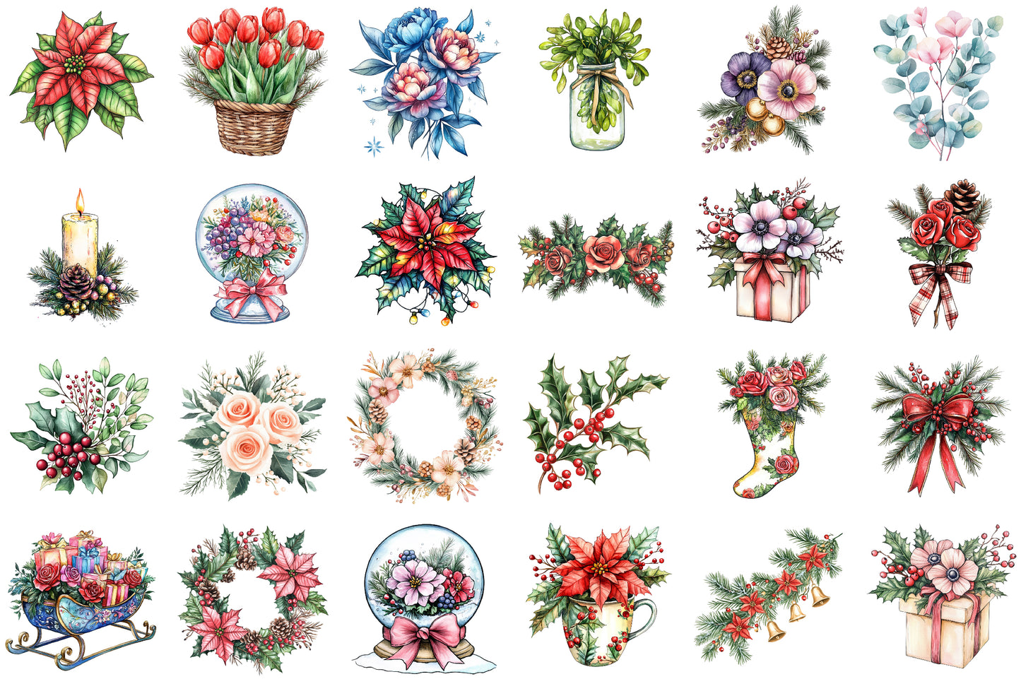 Christmas Flower Watercolor Clipart PNG Bundle