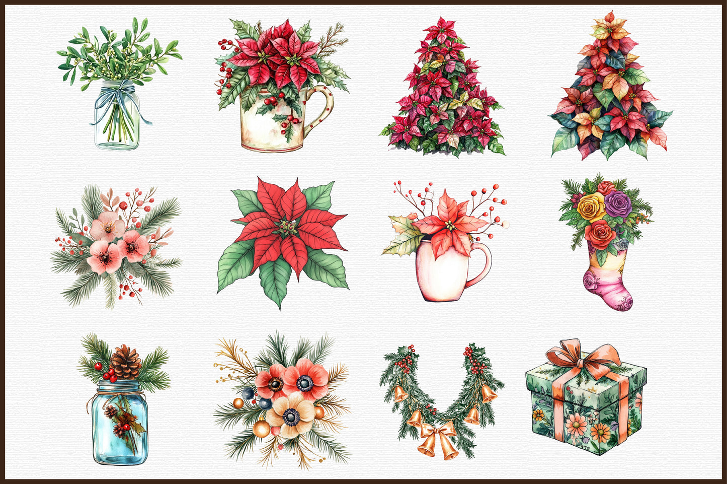 Christmas Flower Watercolor Clipart PNG Bundle