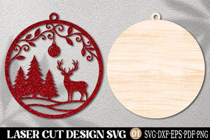 Christmas Forest Laser Cut SVG | Reindeer Pine Tree Christmas Ornament