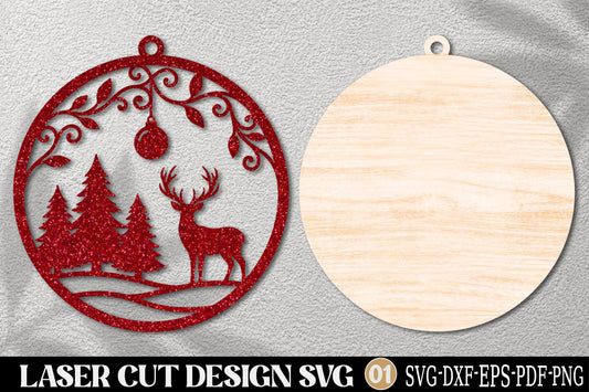 Christmas Forest Laser Cut SVG | Reindeer Pine Tree Christmas Ornament