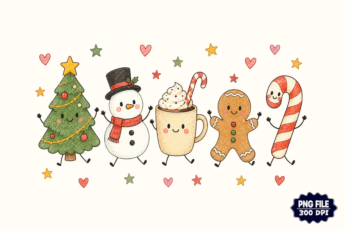 Cute Christmas Friends PNG, Snowman Christmas Tree Gingerbread Candy Cane Sublimation
