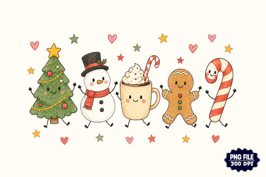 Cute Christmas Friends PNG, Snowman Christmas Tree Gingerbread Candy Cane Sublimation