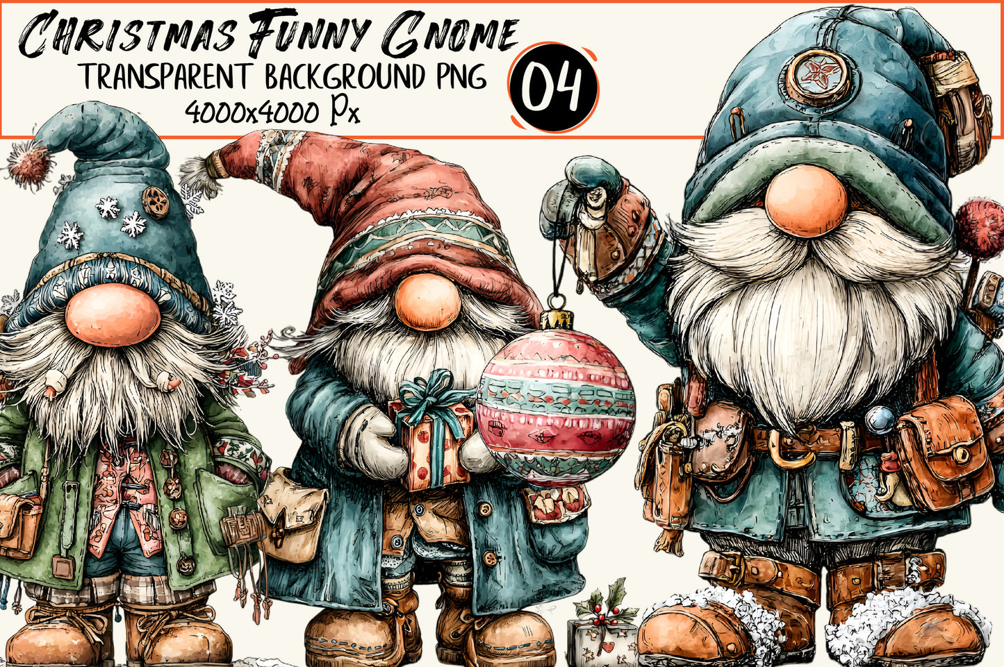 Christmas Funny Gnome Clipart PNG – 4 Designs