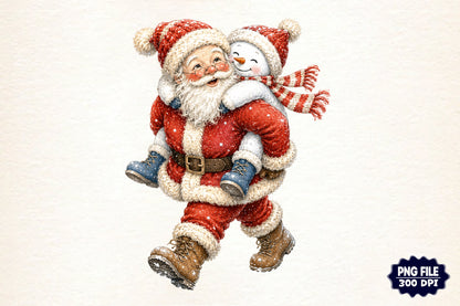 Funny Christmas Santa Snowman Hugging PNG