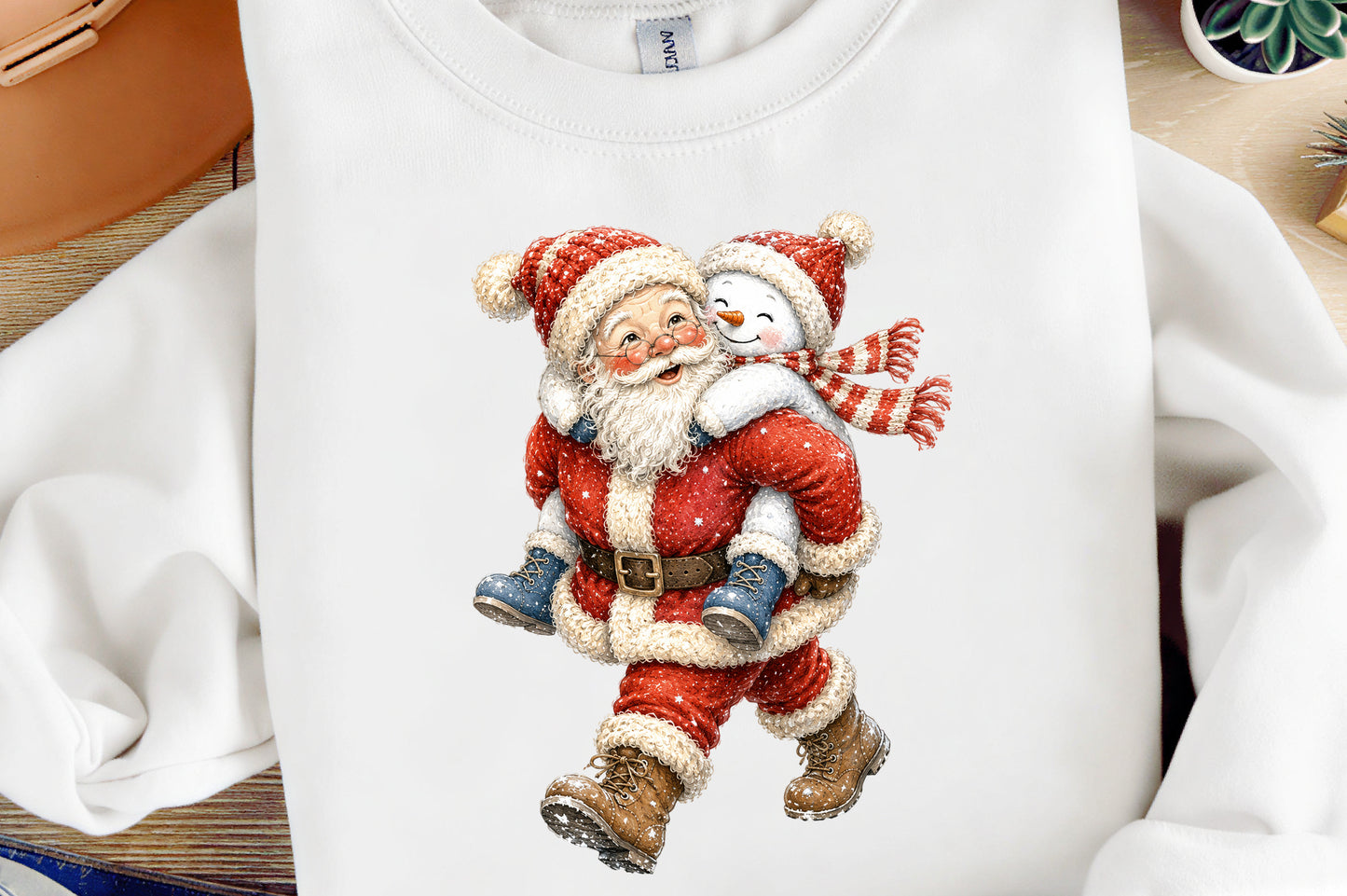 Funny Christmas Santa Snowman Hugging PNG