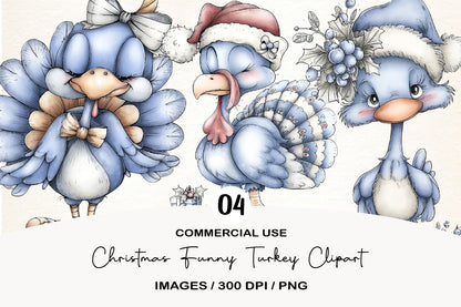 Christmas Funny Turkey Clipart PNG Bundle | Cute Watercolor Holiday Turkey Clipart | Festive Thanksgiving & Christmas Turkey