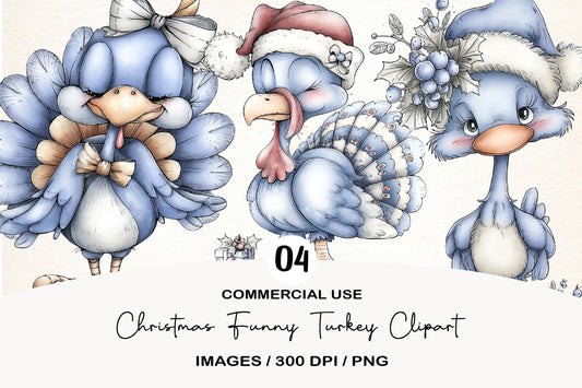 Christmas Funny Turkey Clipart PNG Bundle | Cute Watercolor Holiday Turkey Clipart | Festive Thanksgiving & Christmas Turkey