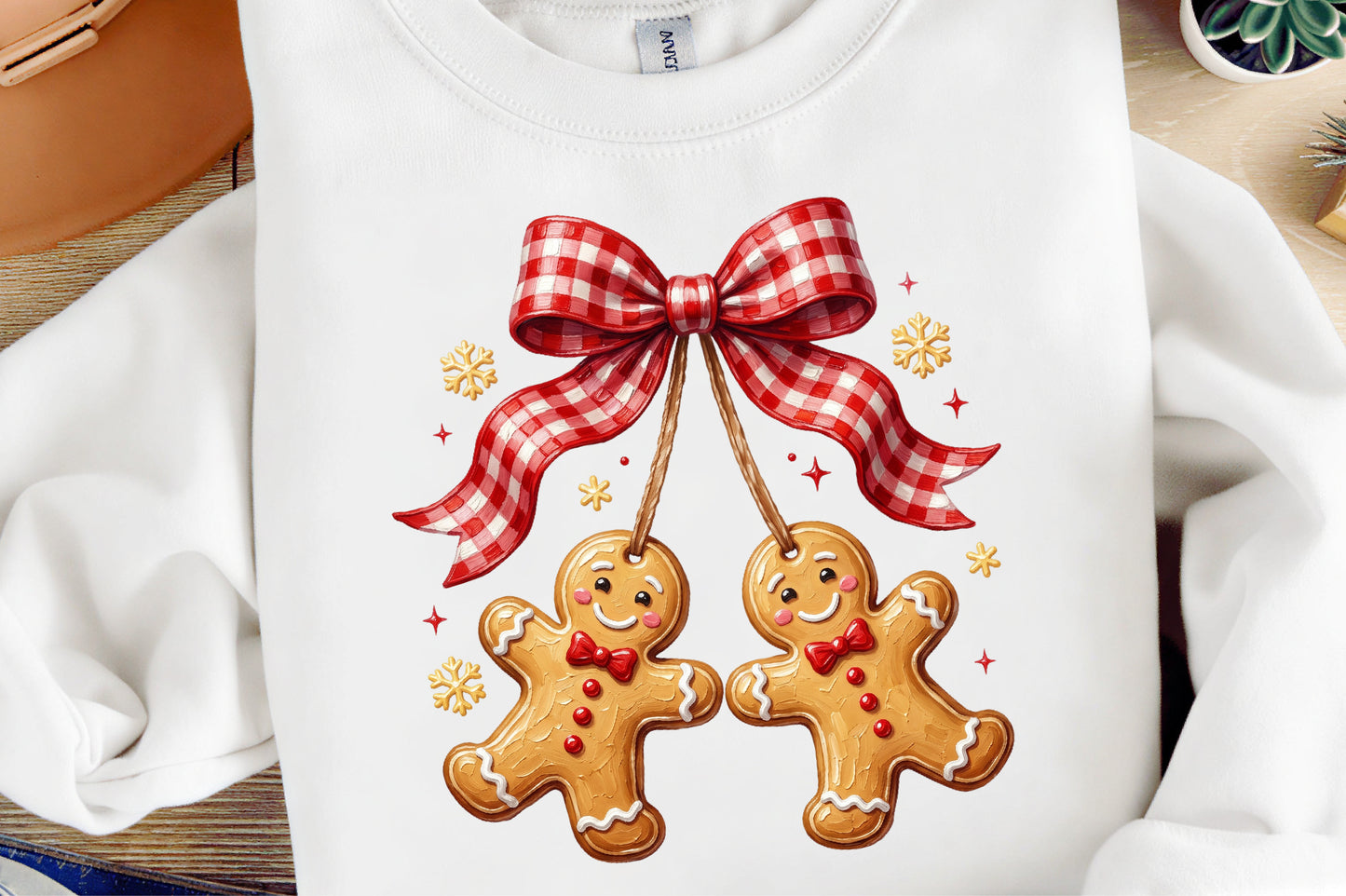 Gingerbread Couple Christmas PNG Red Gingham Bow Cute Holiday Cookie Sublimation