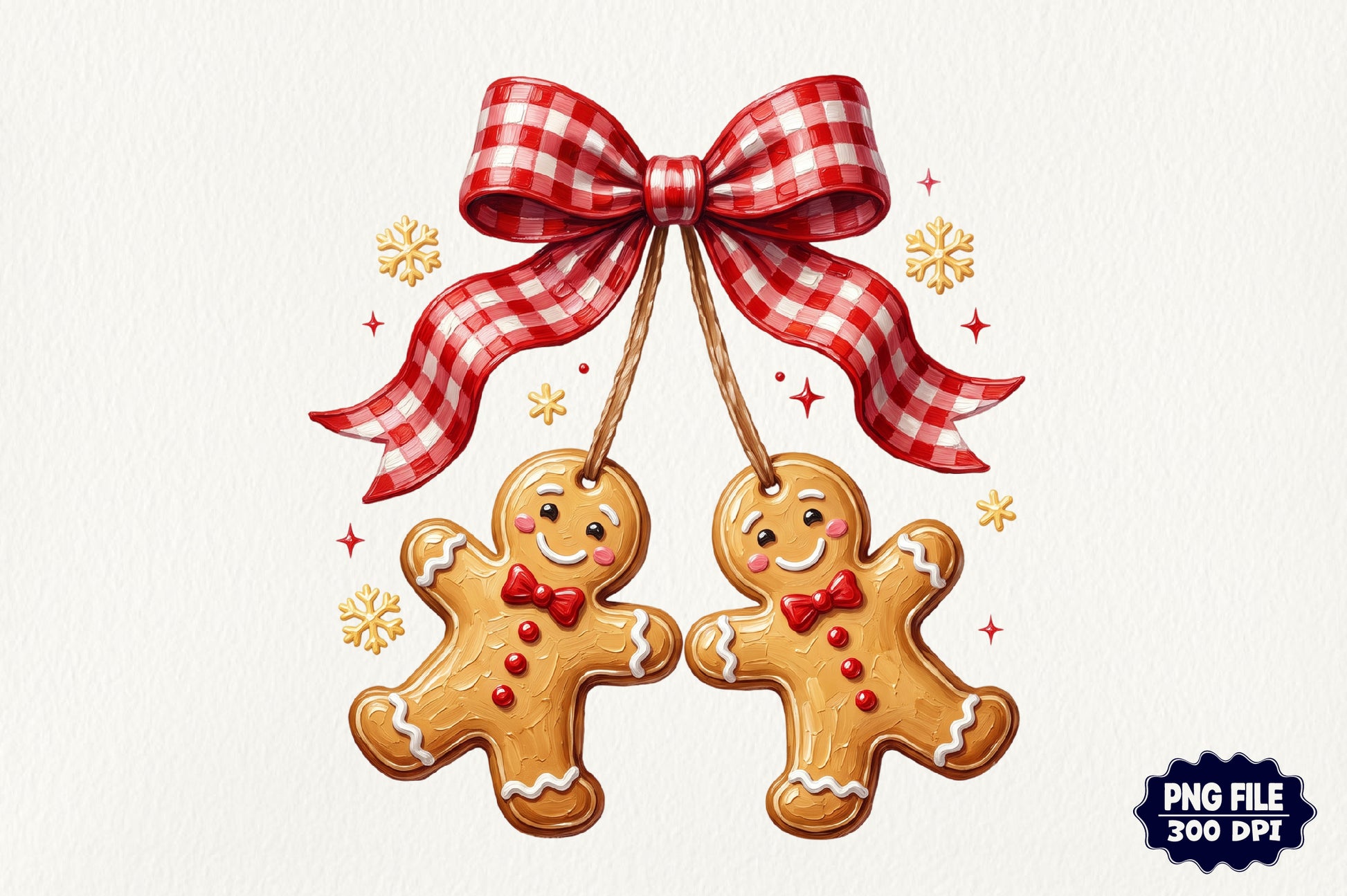 Gingerbread Couple Christmas PNG Red Gingham Bow Cute Holiday Cookie Sublimation