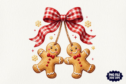 Gingerbread Couple Christmas PNG Red Gingham Bow Cute Holiday Cookie Sublimation