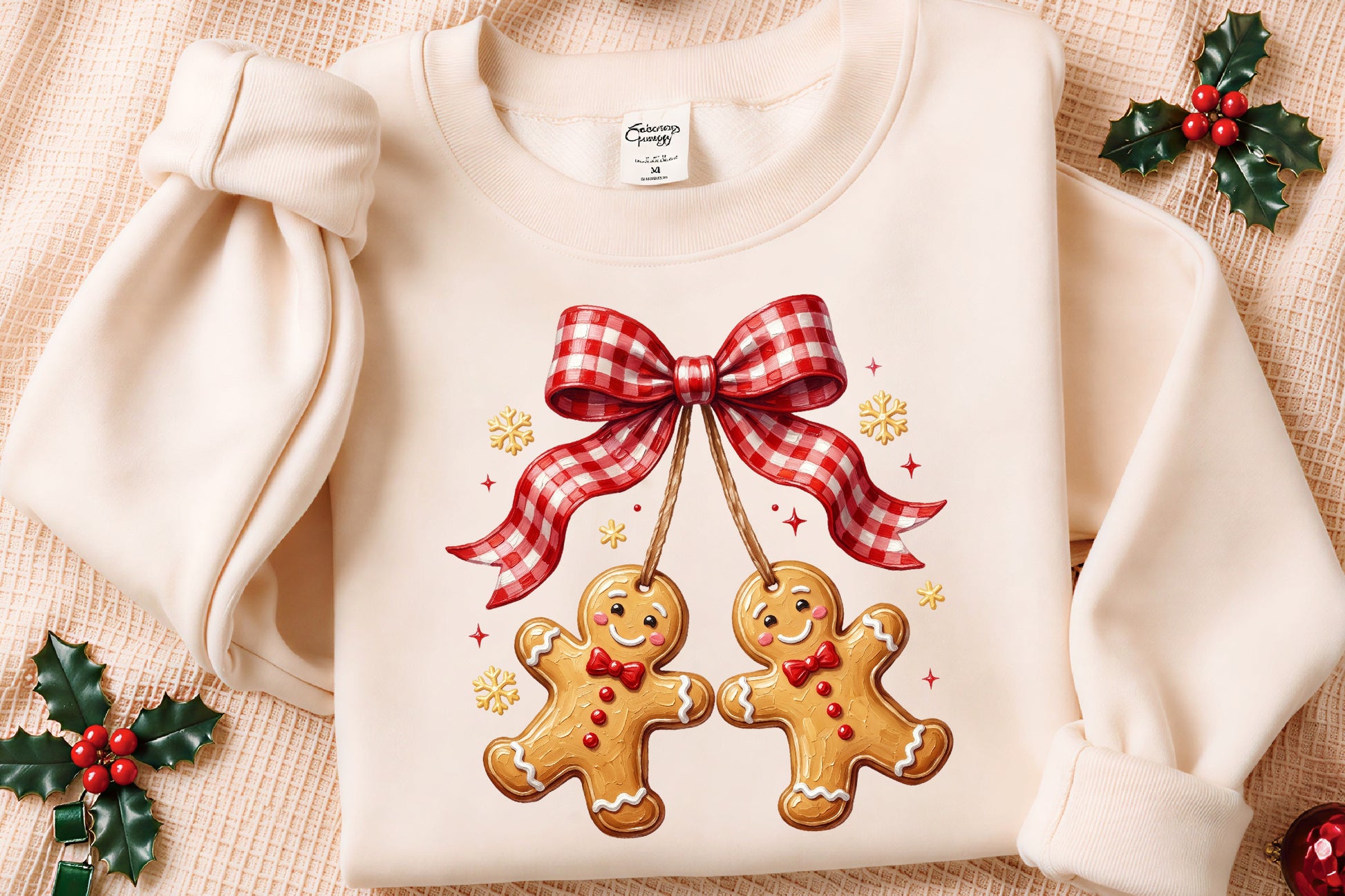 Gingerbread Couple Christmas PNG Red Gingham Bow Cute Holiday Cookie Sublimation