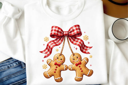 Gingerbread Couple Christmas PNG Red Gingham Bow Cute Holiday Cookie Sublimation