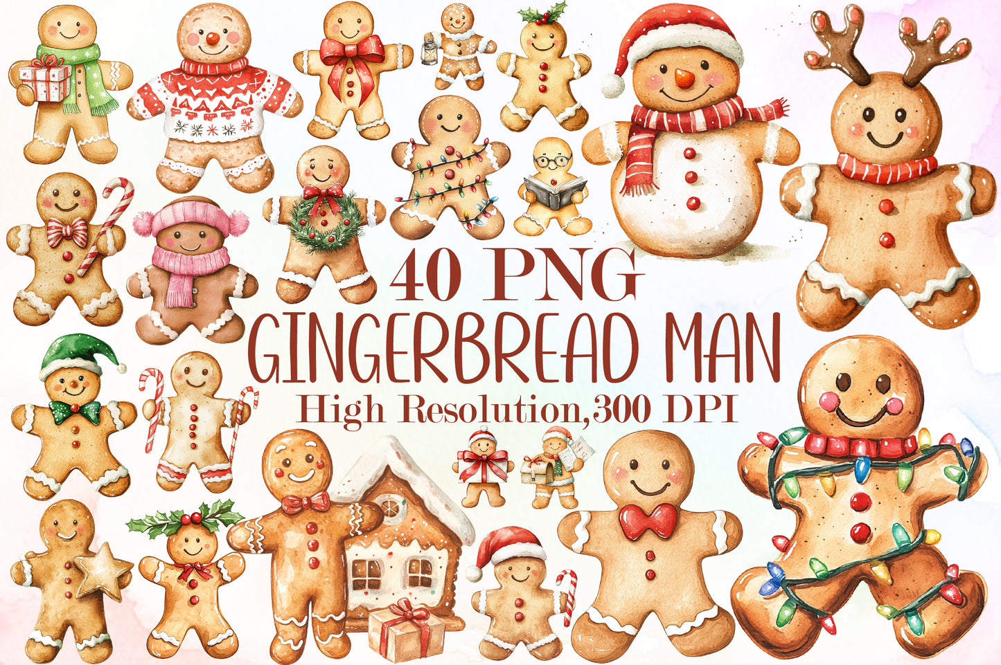 Christmas Gingerbread Man Watercolor Clipart PNG Bundle