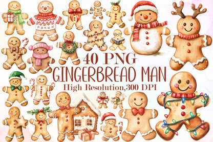 Christmas Gingerbread Man Watercolor Clipart PNG Bundle
