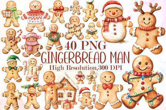 Christmas Gingerbread Man Watercolor Clipart PNG Bundle