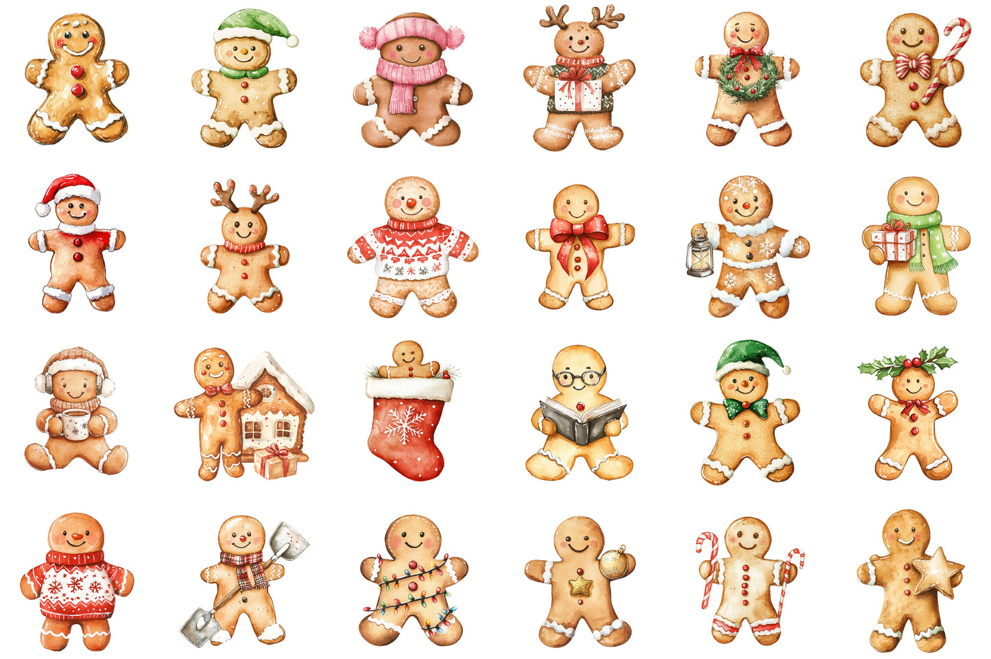 Christmas Gingerbread Man Watercolor Clipart PNG Bundle
