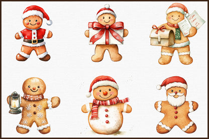 Christmas Gingerbread Man Watercolor Clipart PNG Bundle