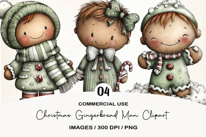 Christmas Gingerbread Man Clipart PNG Bundle | Cute Watercolor Holiday Gingerbread Cookies