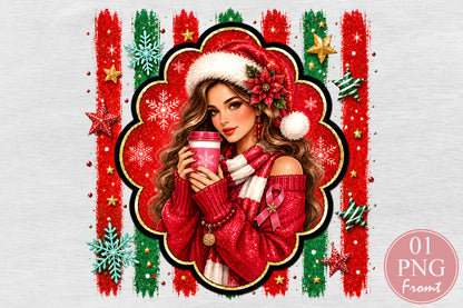 Christmas Girl Coffee PNG Pink Ribbon Winter Woman Sublimation Design