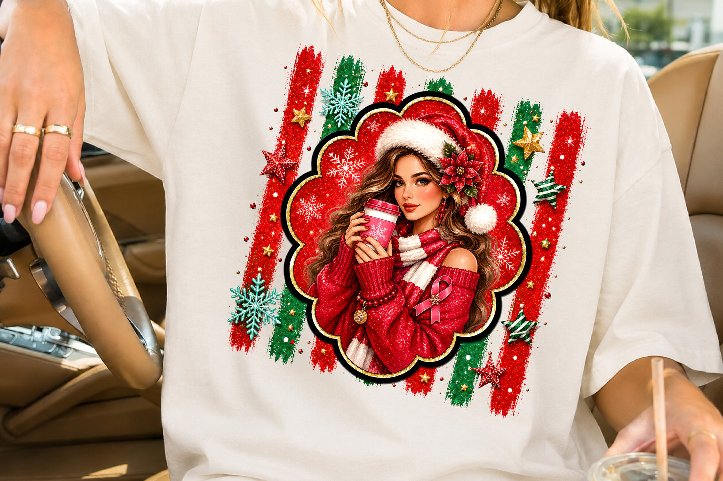 Christmas Girl Coffee PNG Pink Ribbon Winter Woman Sublimation Design