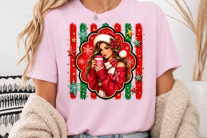 Christmas Girl Coffee PNG Pink Ribbon Winter Woman Sublimation Design