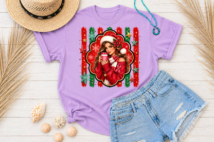 Christmas Girl Coffee PNG Pink Ribbon Winter Woman Sublimation Design