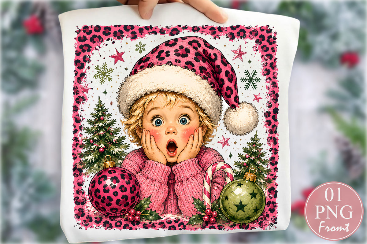 Pink Leopard Christmas Girl PNG, Cute Xmas Sublimation Design