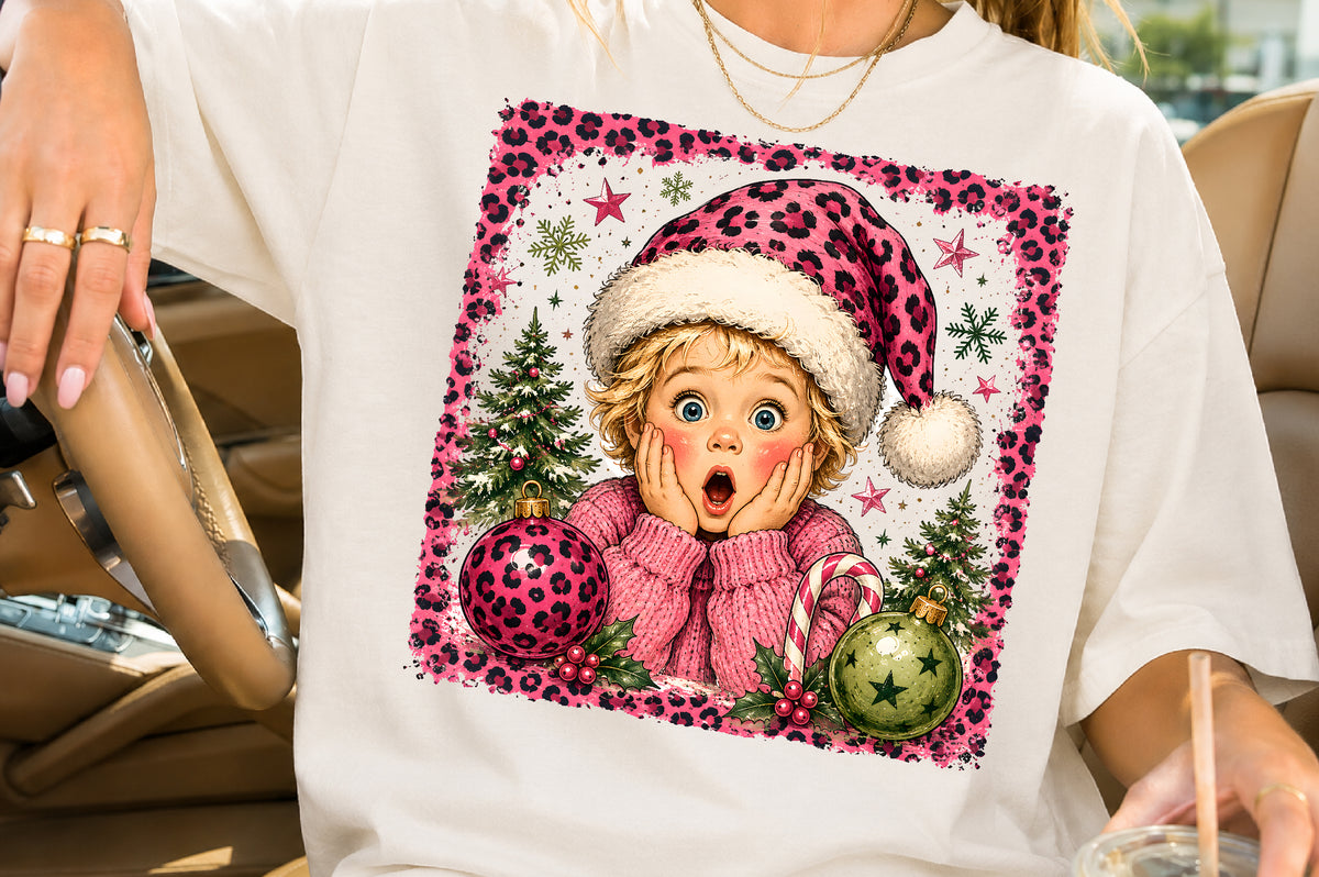 Pink Leopard Christmas Girl PNG, Cute Xmas Sublimation Design
