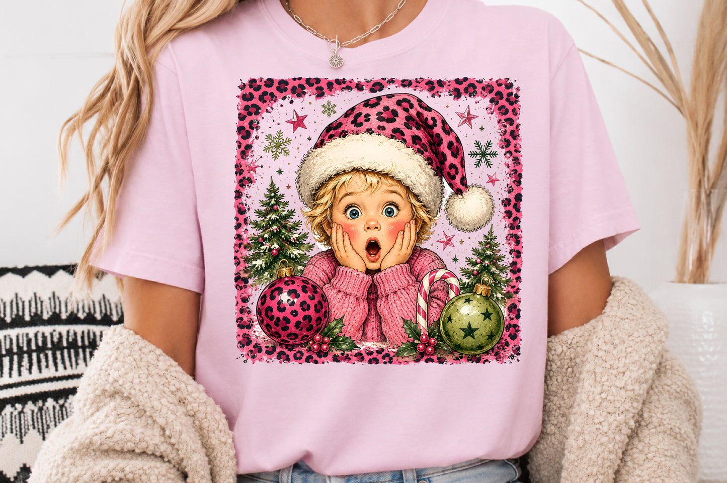 Pink Leopard Christmas Girl PNG, Cute Xmas Sublimation Design