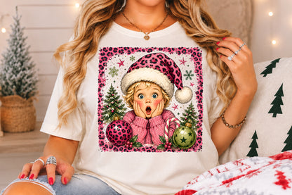 Pink Leopard Christmas Girl PNG, Cute Xmas Sublimation Design