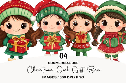 Christmas Girl Gift Box Clipart PNG Bundle | Cute Watercolor Holiday Girl with Gift Box Clipart | Festive Christmas Girl PNG