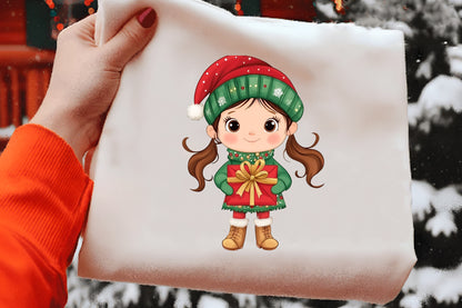Christmas Girl Gift Box Clipart PNG Bundle | Cute Watercolor Holiday Girl with Gift Box Clipart | Festive Christmas Girl PNG