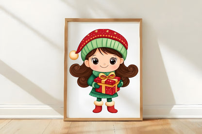 Christmas Girl Gift Box Clipart PNG Bundle | Cute Watercolor Holiday Girl with Gift Box Clipart | Festive Christmas Girl PNG