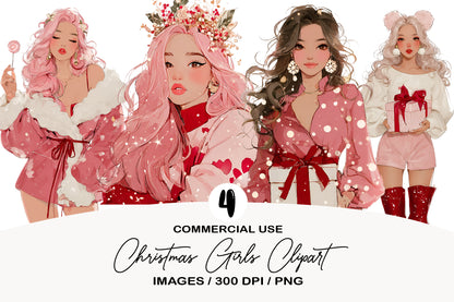 Christmas Girls Clipart Bundle PNG | Cute Watercolor Holiday Girls Clipart | Festive Winter Girls PNG