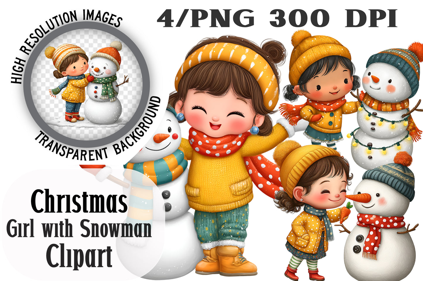 Christmas Girl with Snowman Clipart PNG Winter Kids