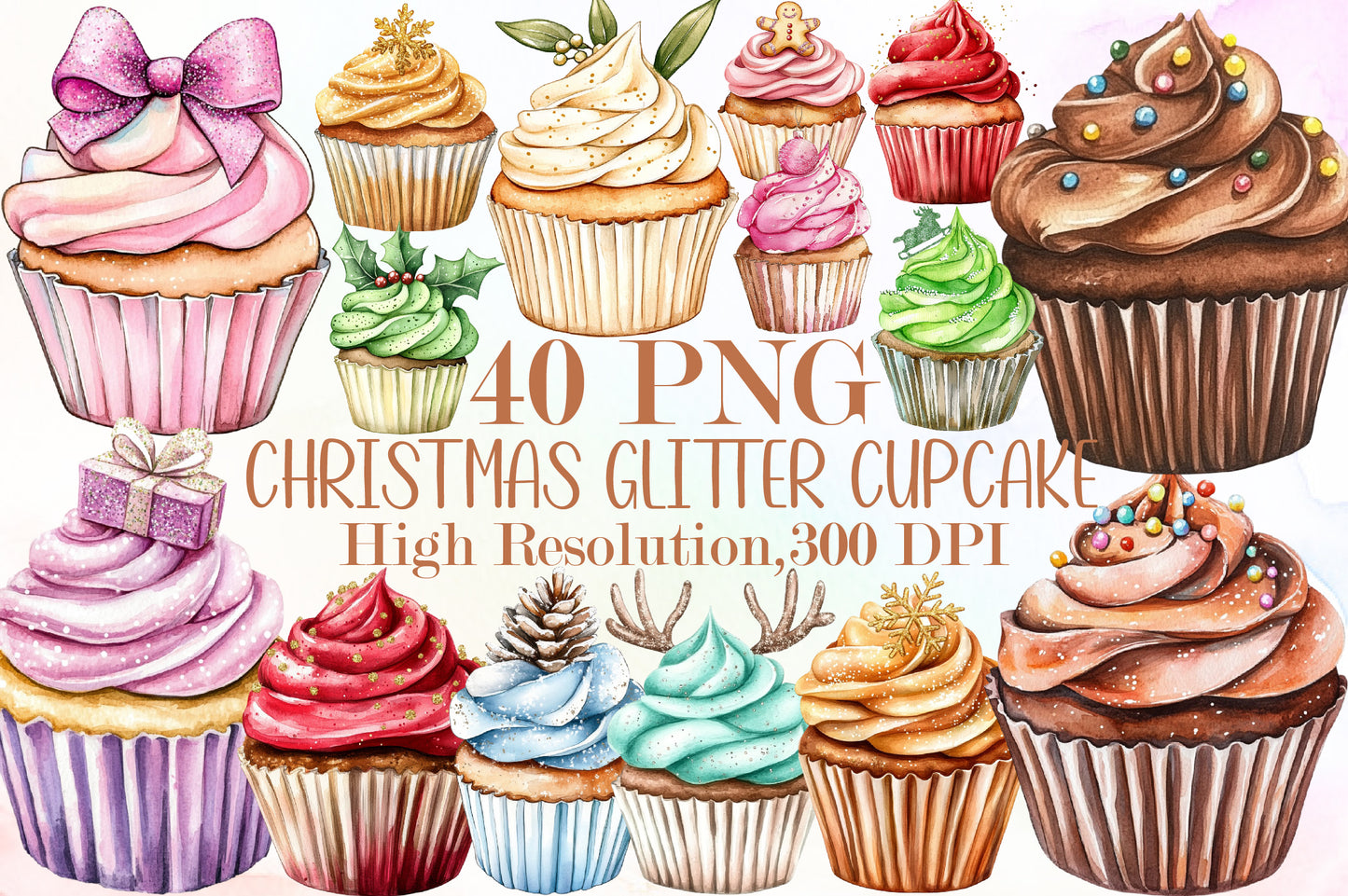Christmas Glitter Cupcake PNG Bundle Holiday Cupcake Clipart